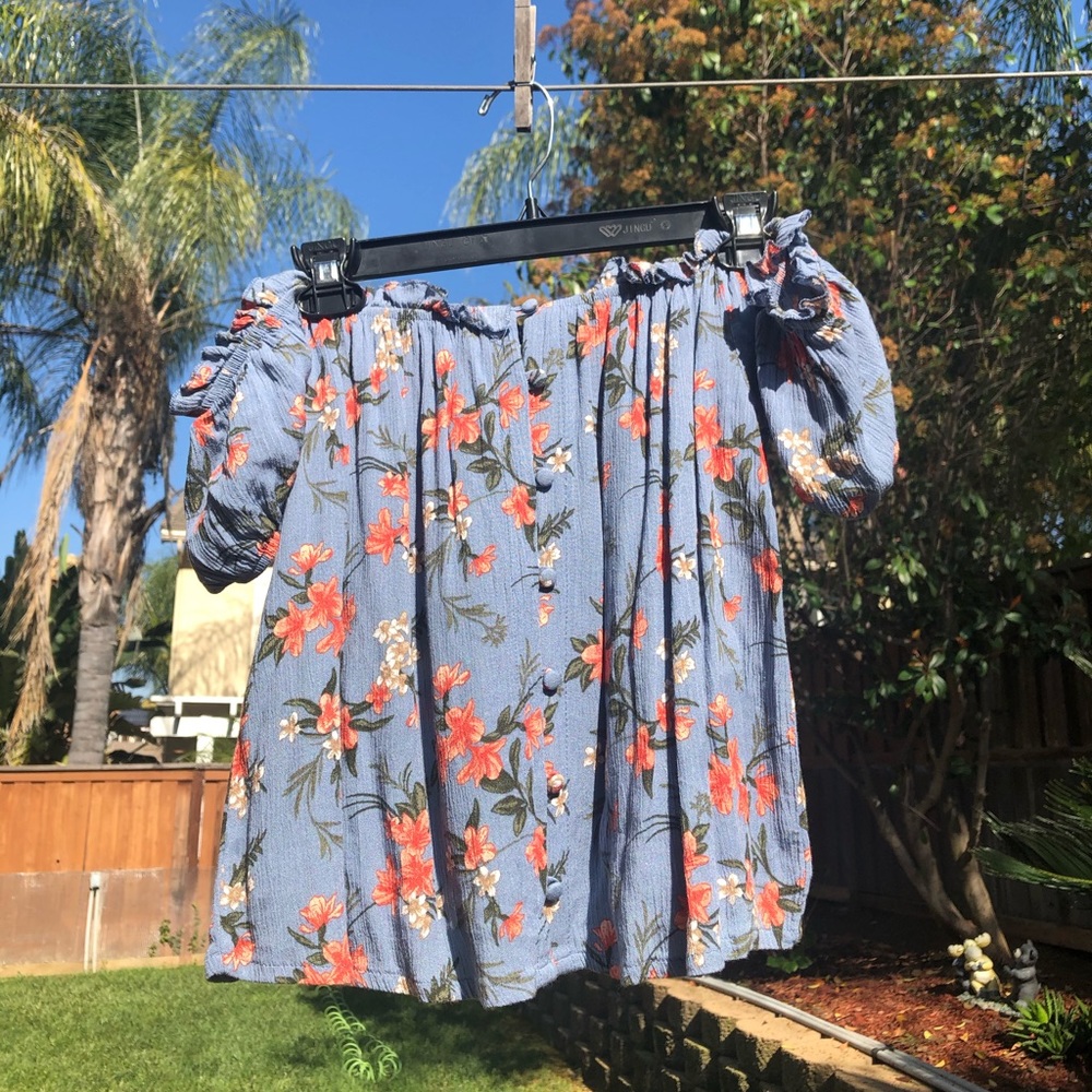 Blue floral off the shoulder shirt